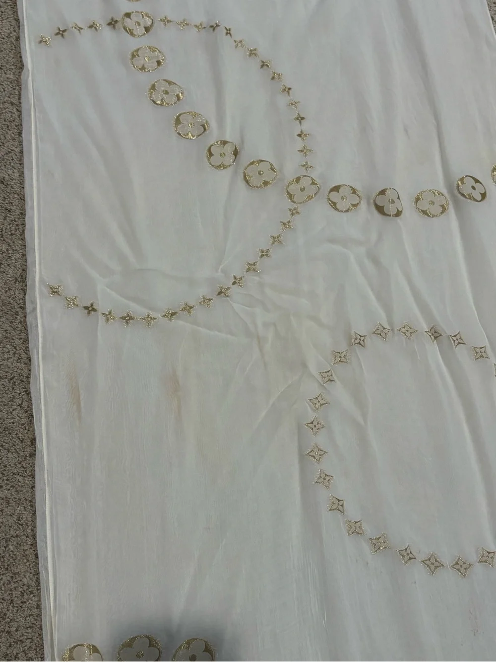 LOUIS VUITTON LV Monogram Ivory Gold Shiny Silk Scarf Shawl Wrap Stole 185 70’